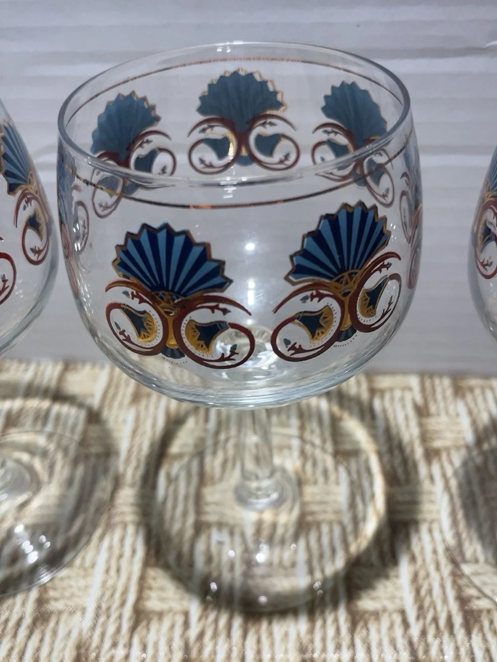 Vintage Georges Briard 22K Gold Blue Fan Wine Goblets Set of 4 MCM 6.5”
